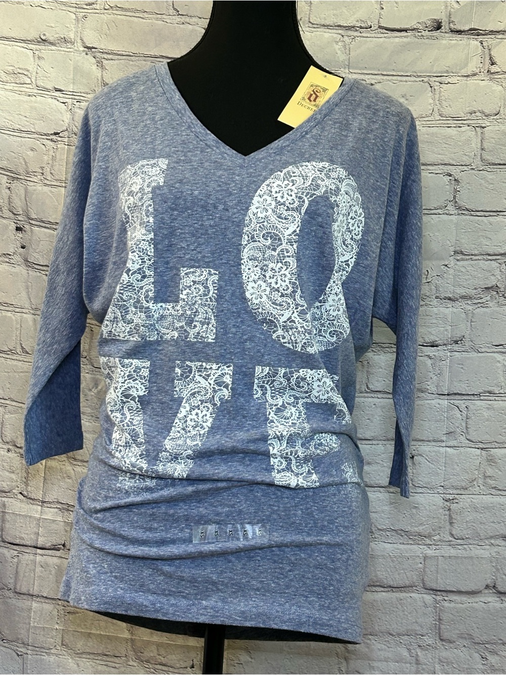 Decree Blue V‑Neck 'LOVE' 3/4 Sleeve Top